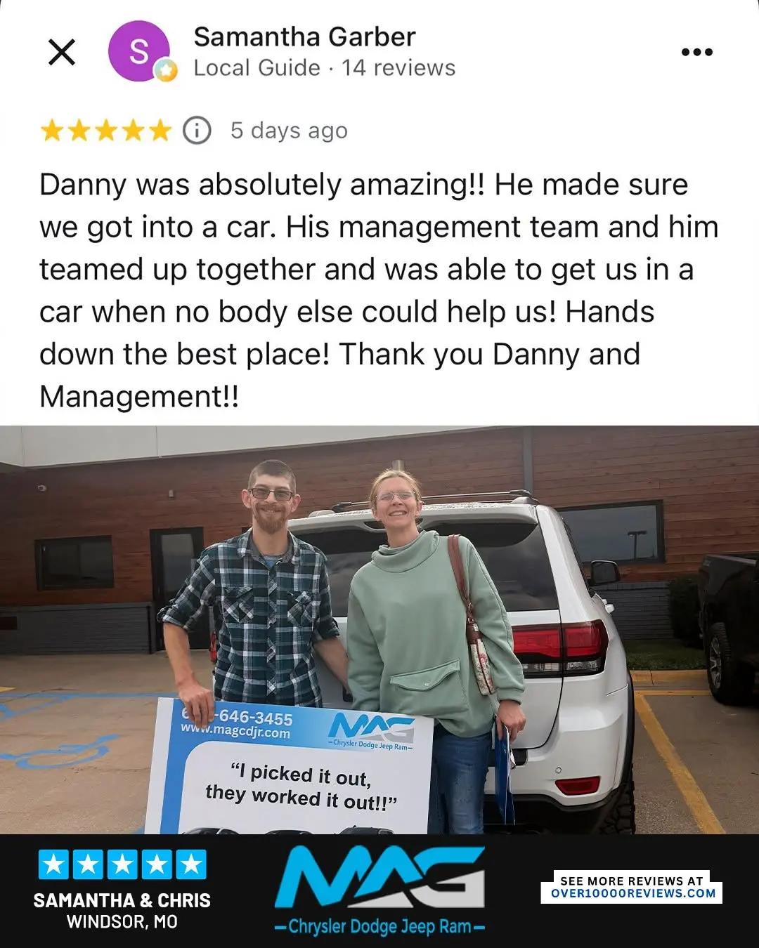 Smiling MAG CDJR customer featured in a testimonial about excellent car buying experience