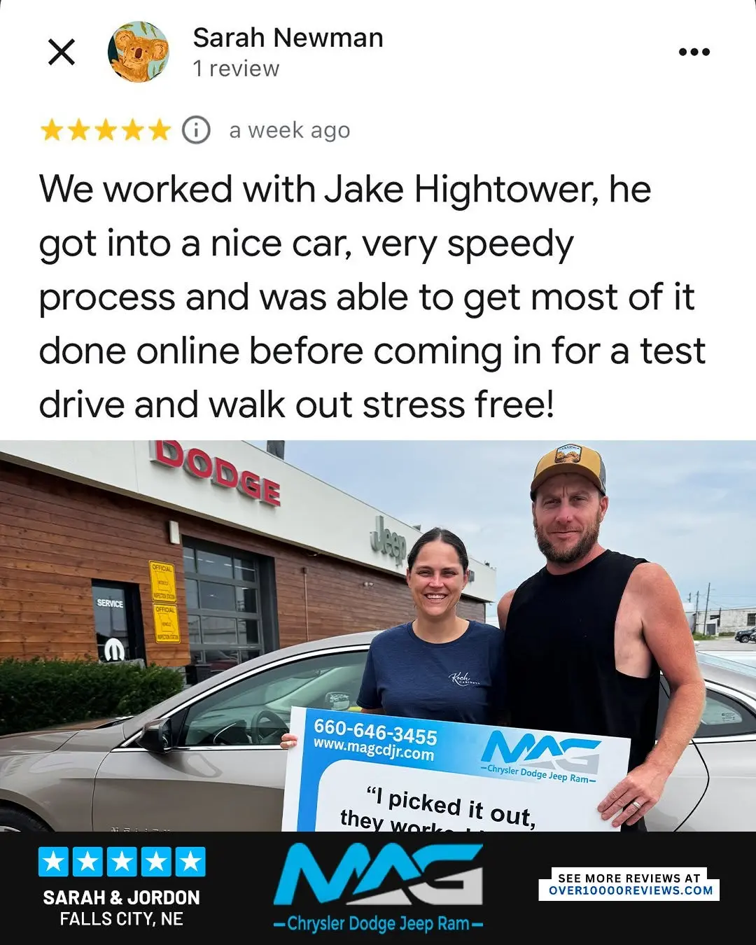 Smiling MAG CDJR customer featured in a testimonial about excellent car buying experience