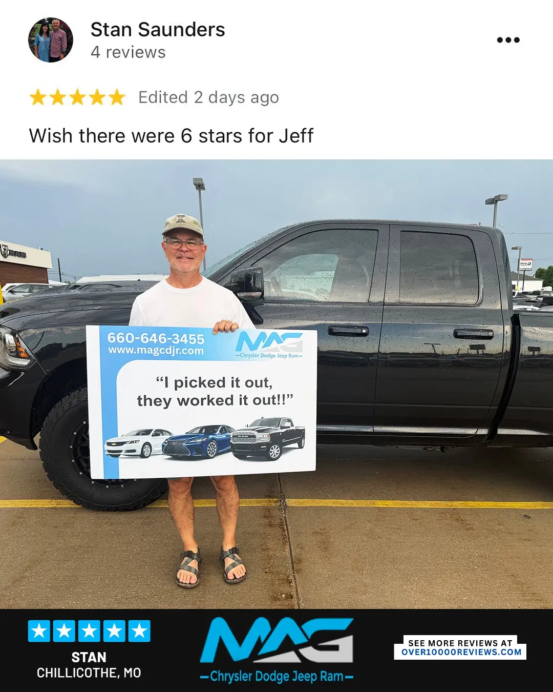 Smiling MAG CDJR customer featured in a testimonial about excellent car buying experience