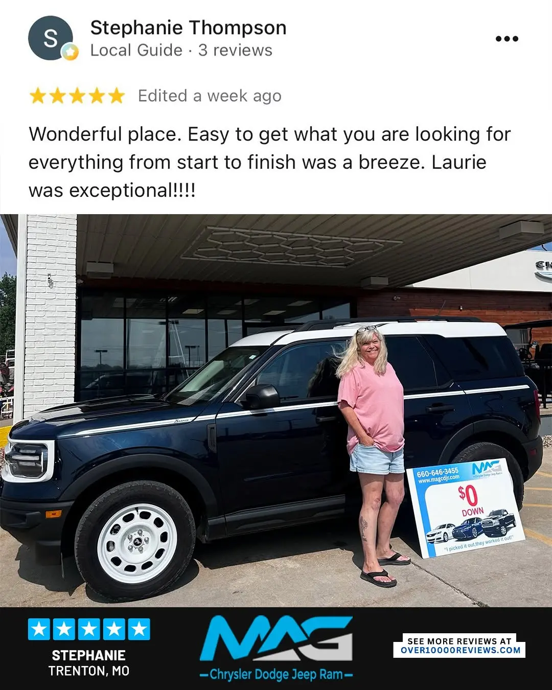 Smiling MAG CDJR customer featured in a testimonial about excellent car buying experience