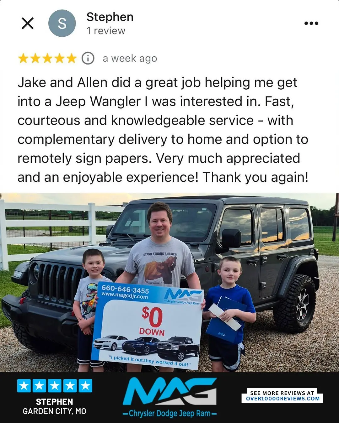 Smiling MAG CDJR customer featured in a testimonial about excellent car buying experience