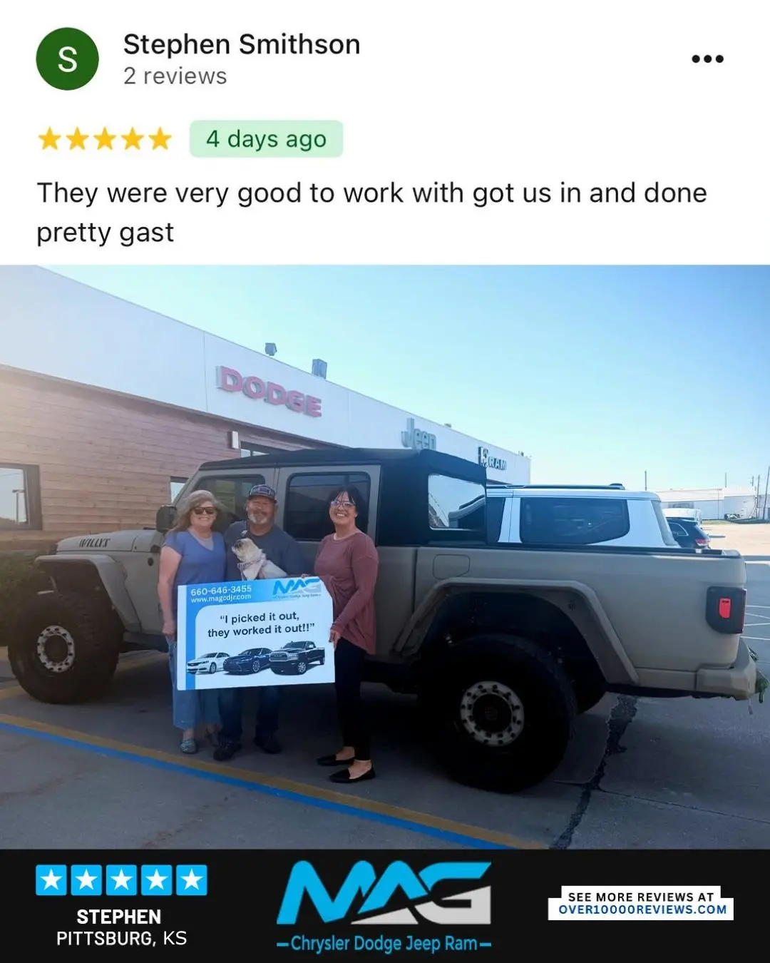Smiling MAG CDJR customer featured in a testimonial about excellent car buying experience