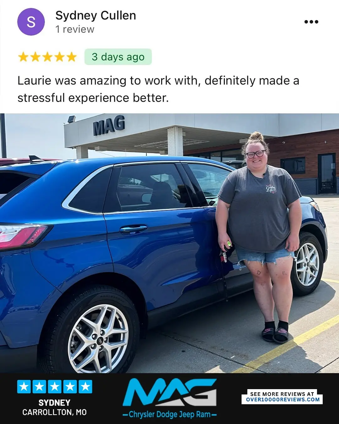 Smiling MAG CDJR customer featured in a testimonial about excellent car buying experience