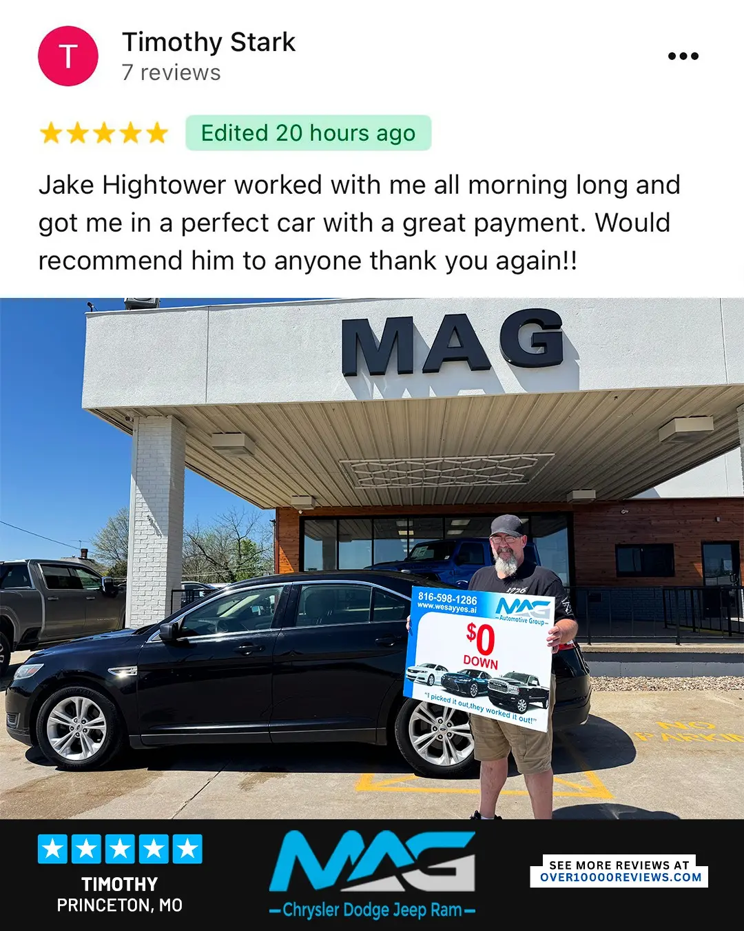 Smiling MAG CDJR customer featured in a testimonial about excellent car buying experience
