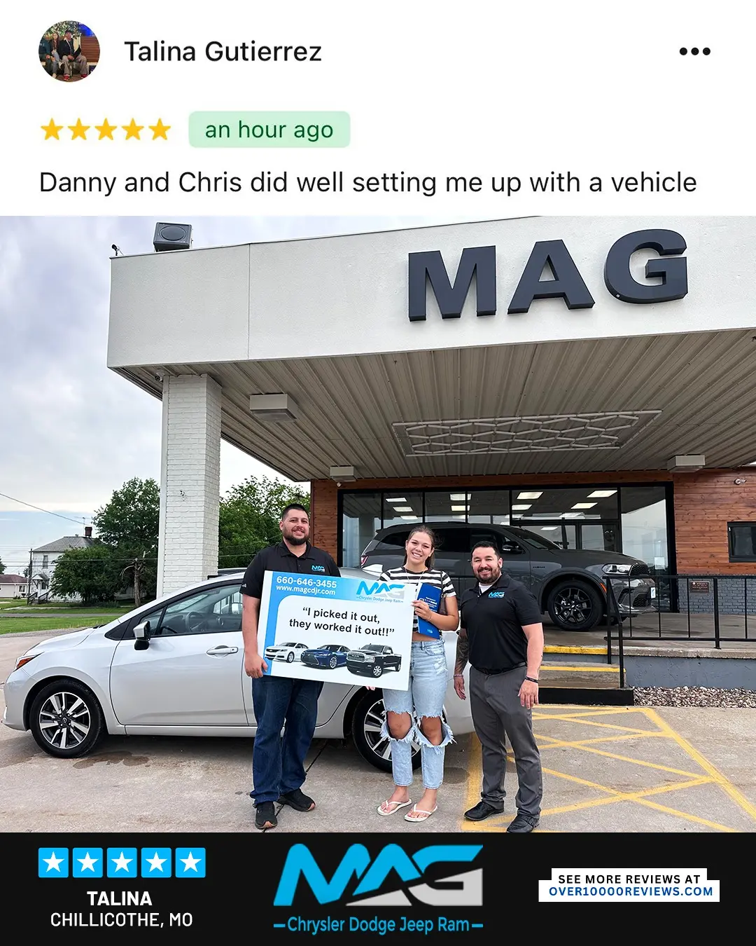 Smiling MAG CDJR customer featured in a testimonial about excellent car buying experience