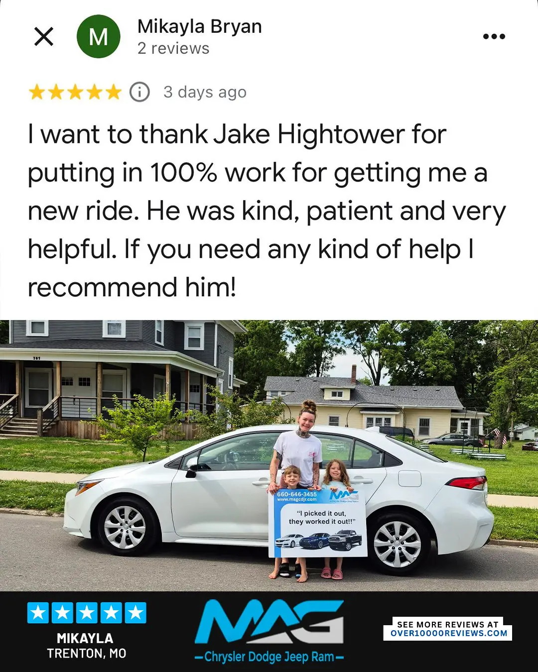 Smiling MAG CDJR customer featured in a testimonial about excellent car buying experience