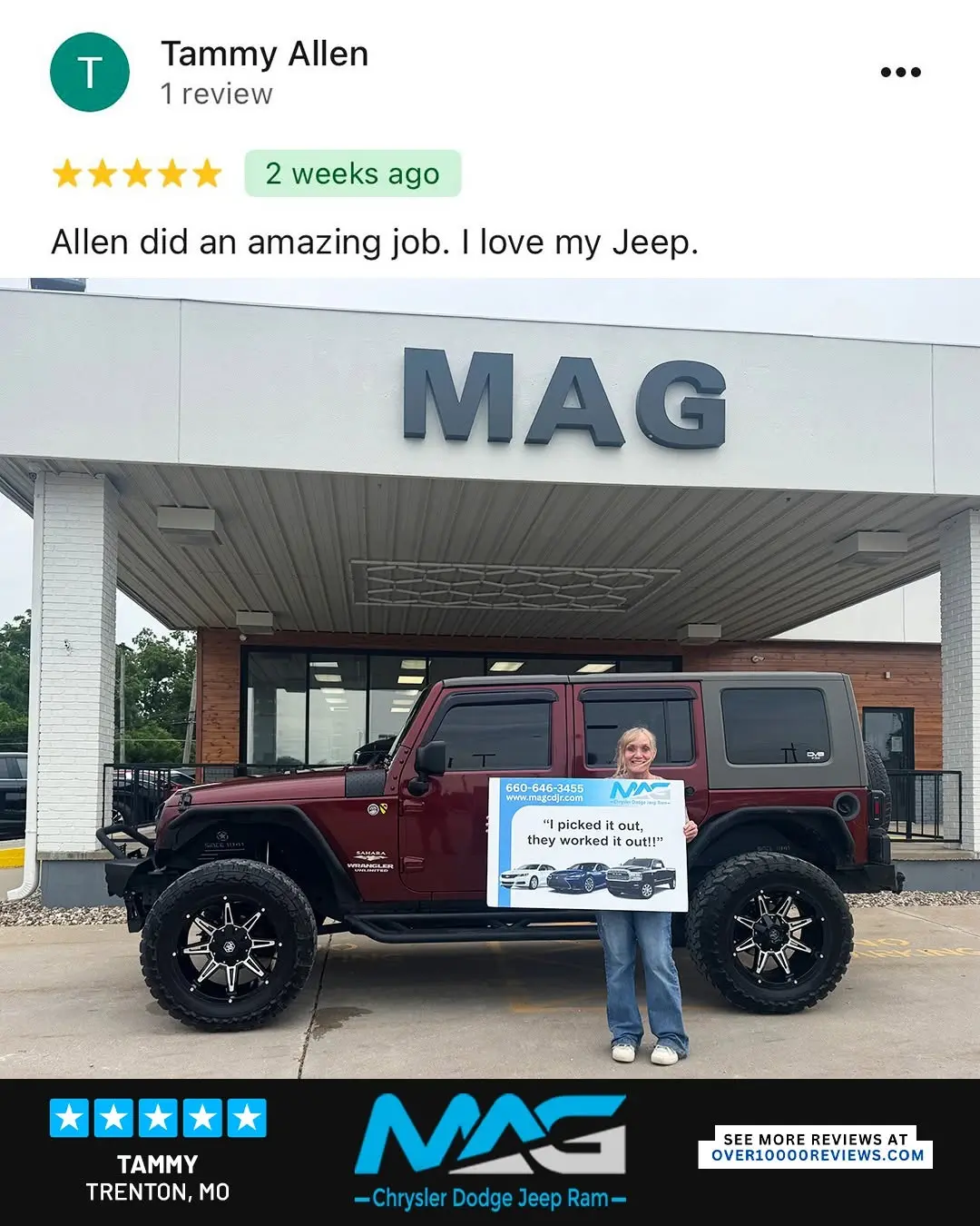 Smiling MAG CDJR customer featured in a testimonial about excellent car buying experience