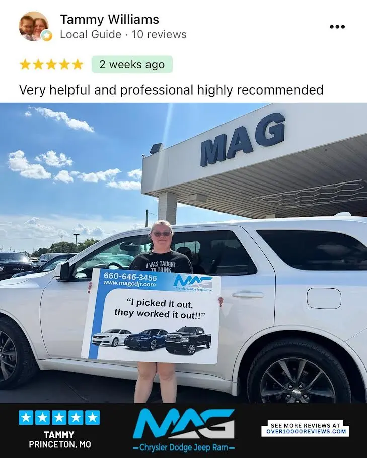 Smiling MAG CDJR customer featured in a testimonial about excellent car buying experience