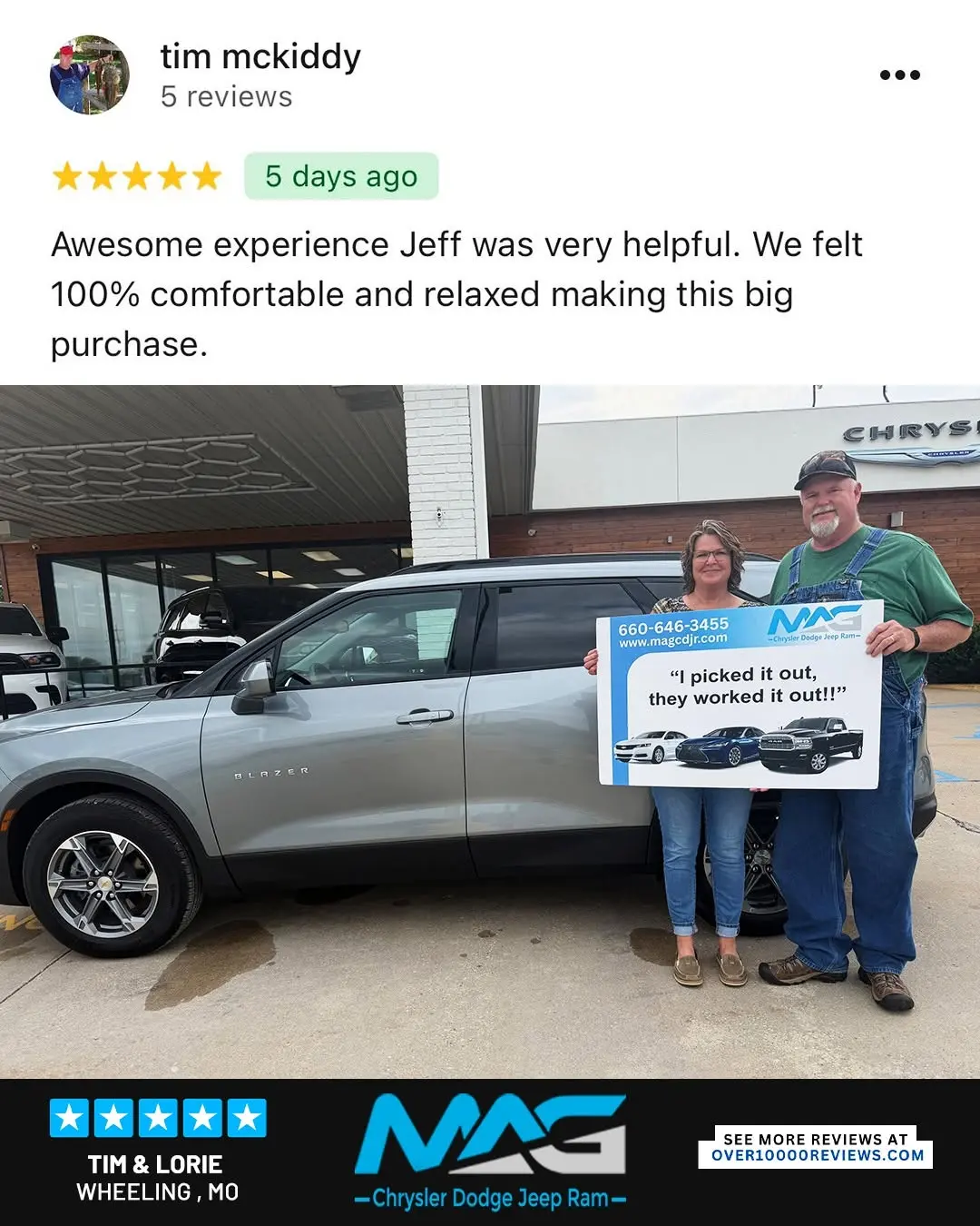 Smiling MAG CDJR customer featured in a testimonial about excellent car buying experience