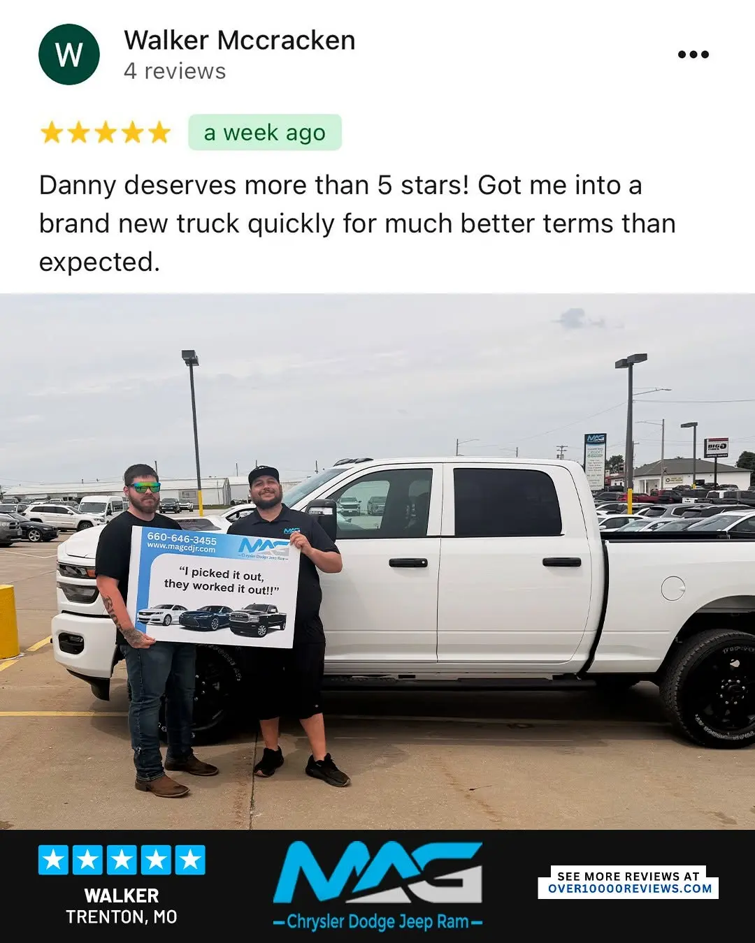 Smiling MAG CDJR customer featured in a testimonial about excellent car buying experience