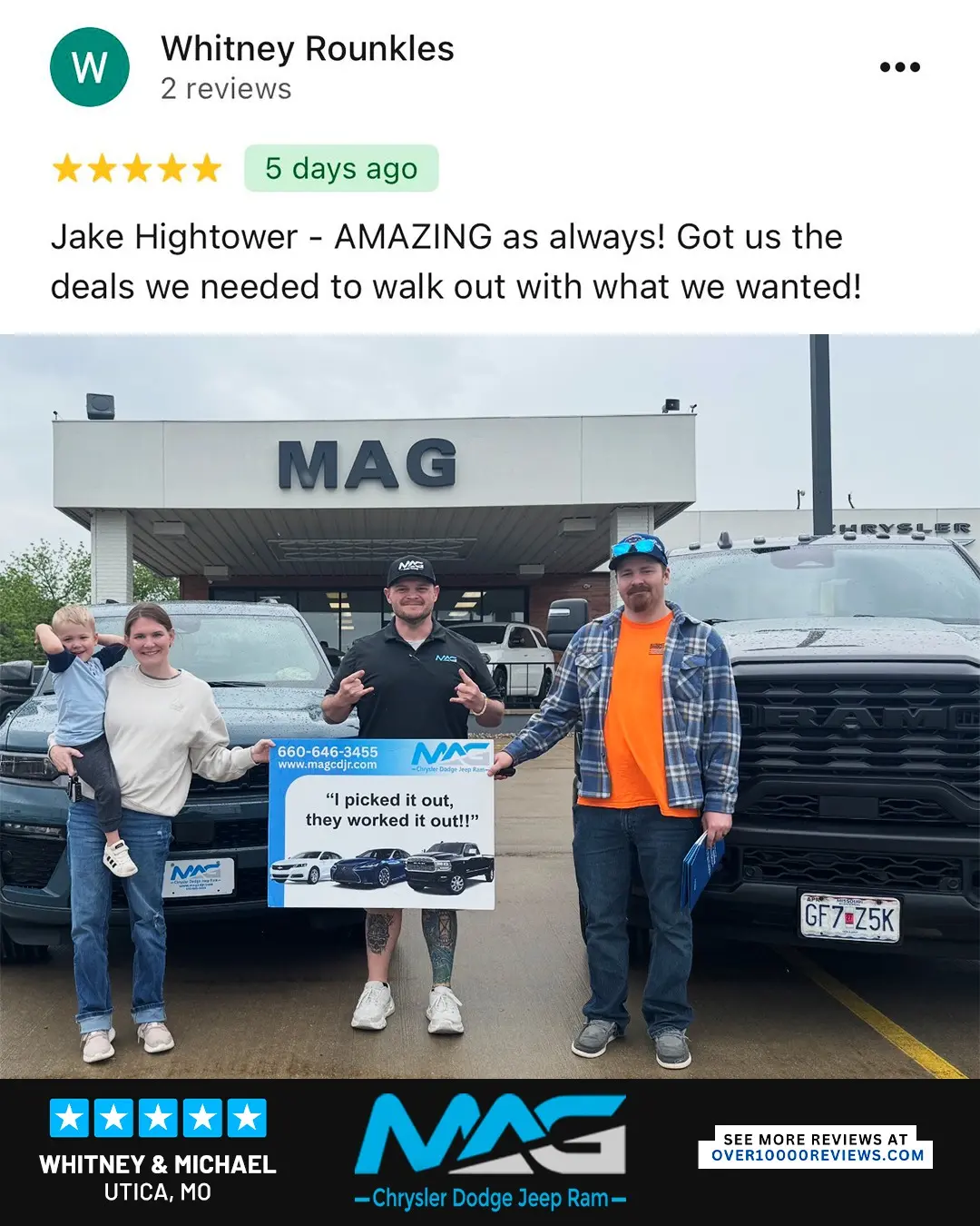Smiling MAG CDJR customer featured in a testimonial about excellent car buying experience