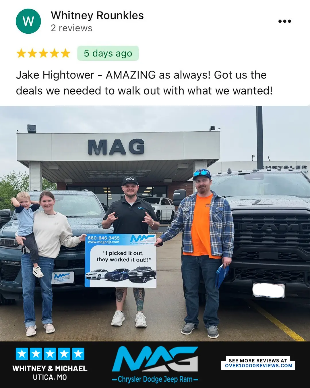 Smiling MAG CDJR customer featured in a testimonial about excellent car buying experience