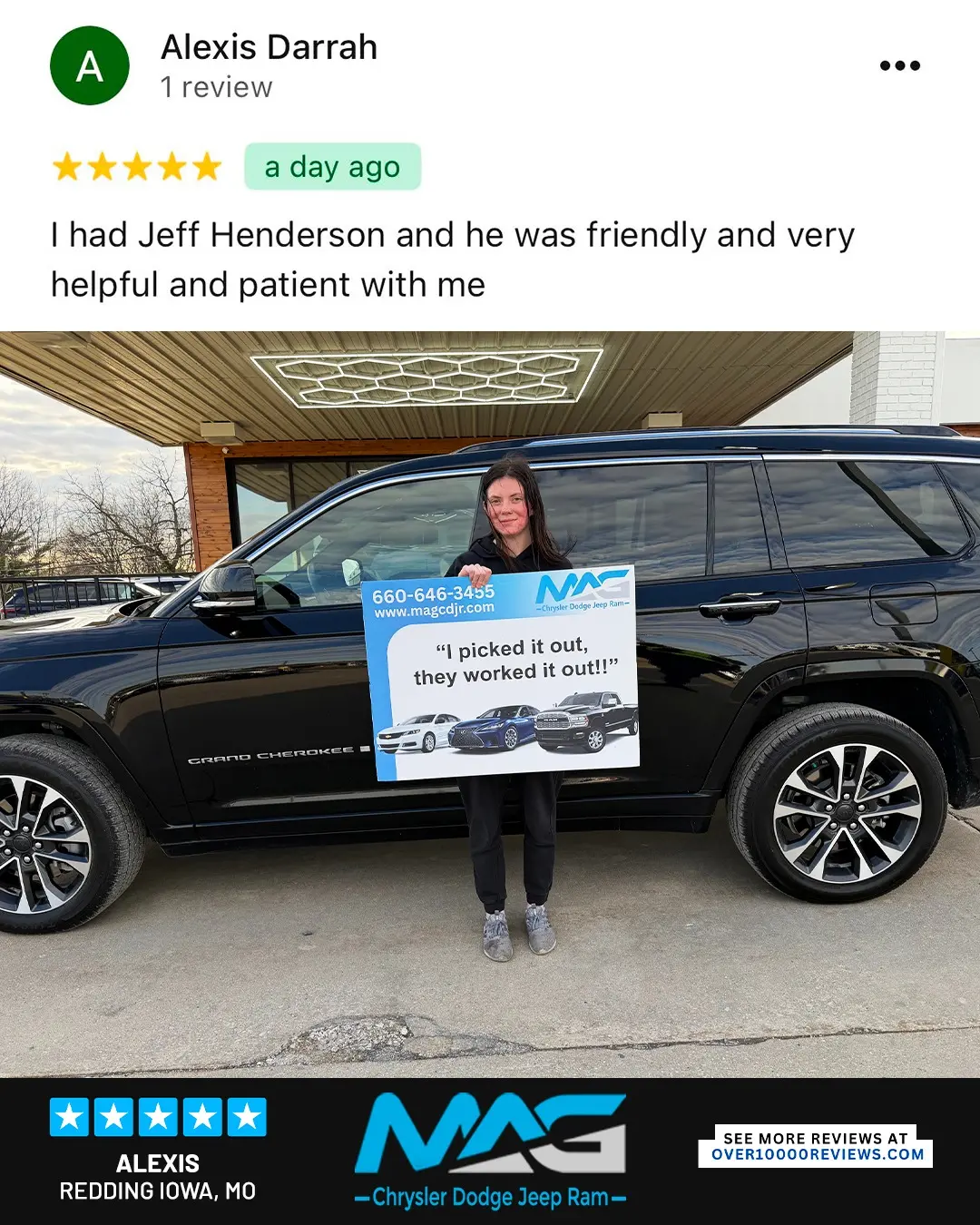 Smiling MAG CDJR customer featured in a testimonial about excellent car buying experience
