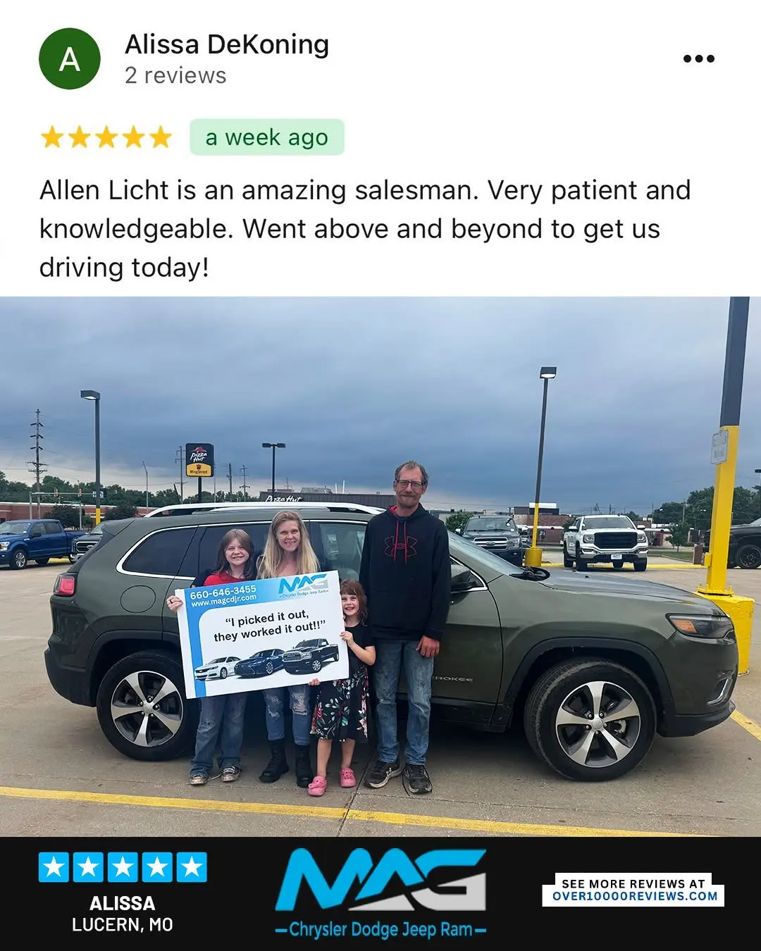Smiling MAG CDJR customer featured in a testimonial about excellent car buying experience