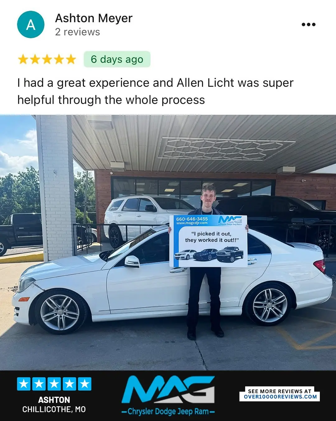 Smiling MAG CDJR customer featured in a testimonial about excellent car buying experience