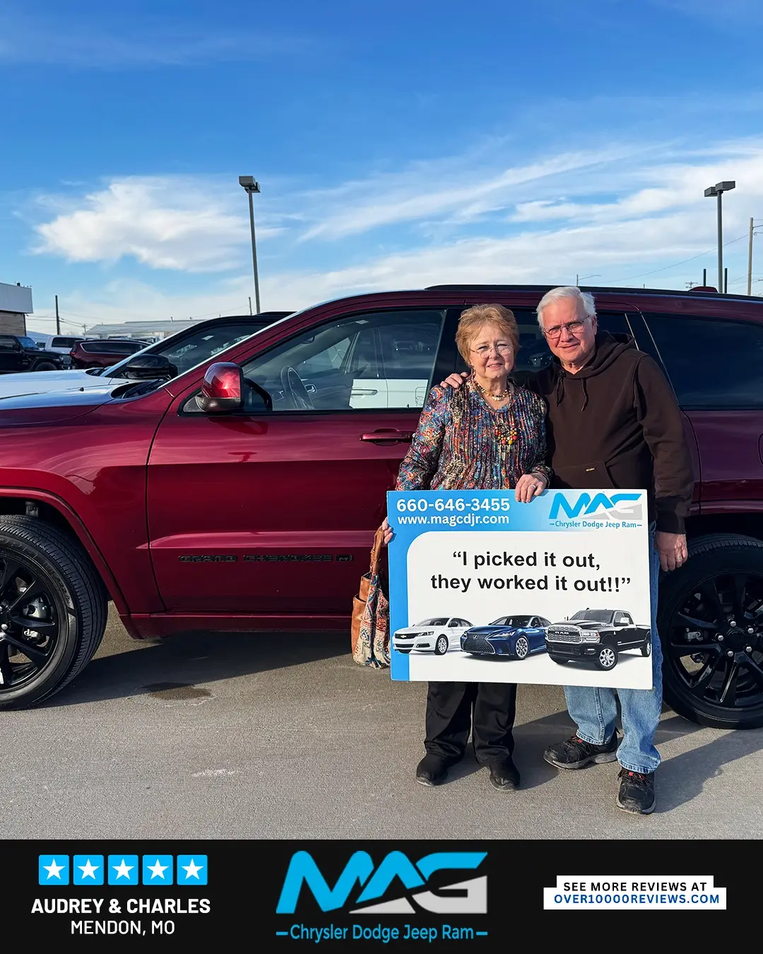 Smiling MAG CDJR customer featured in a testimonial about excellent car buying experience