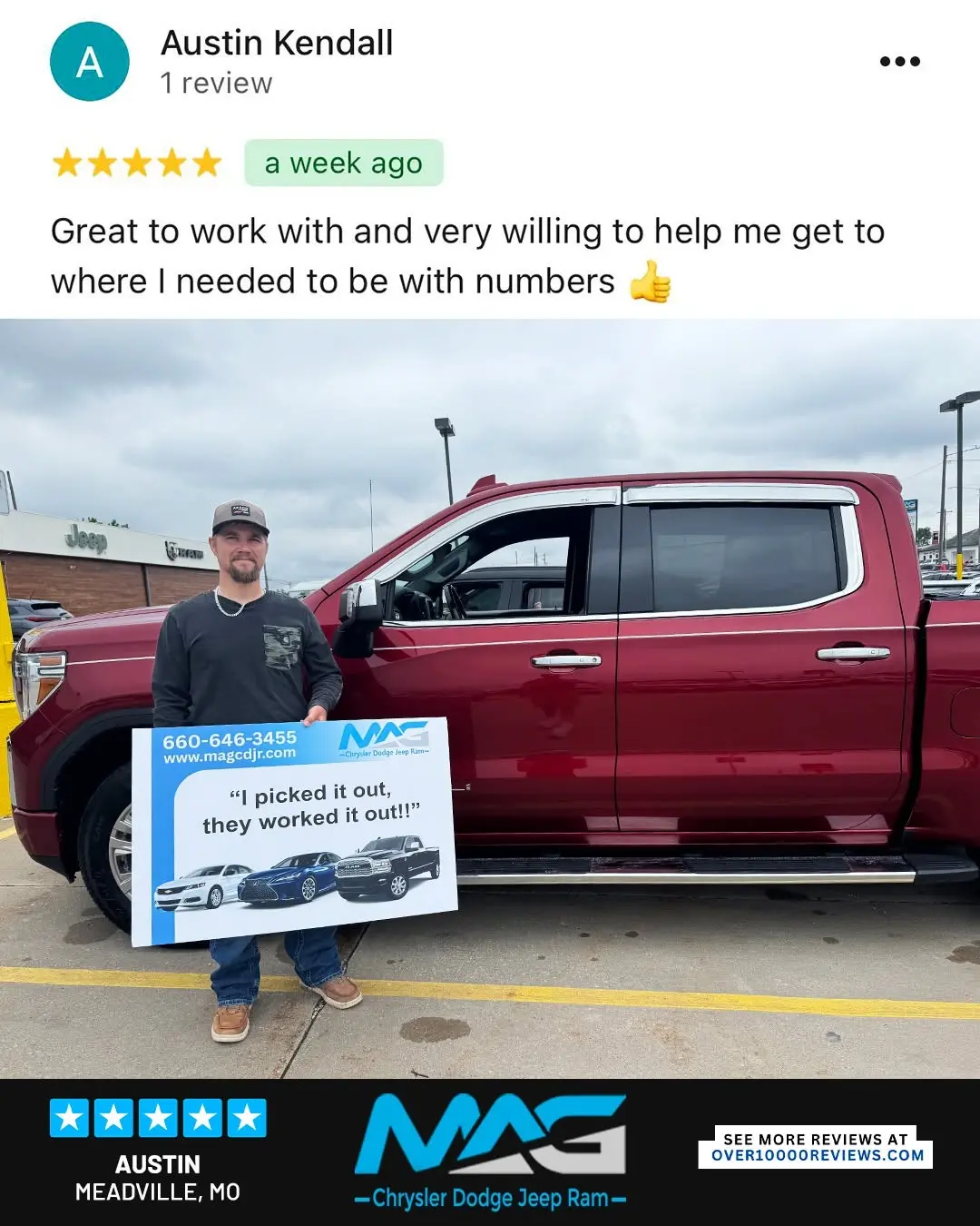 Smiling MAG CDJR customer featured in a testimonial about excellent car buying experience