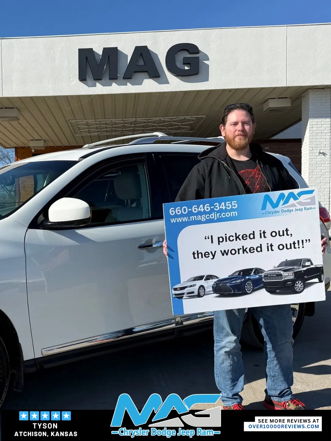 Smiling MAG CDJR customer featured in a testimonial about excellent car buying experience