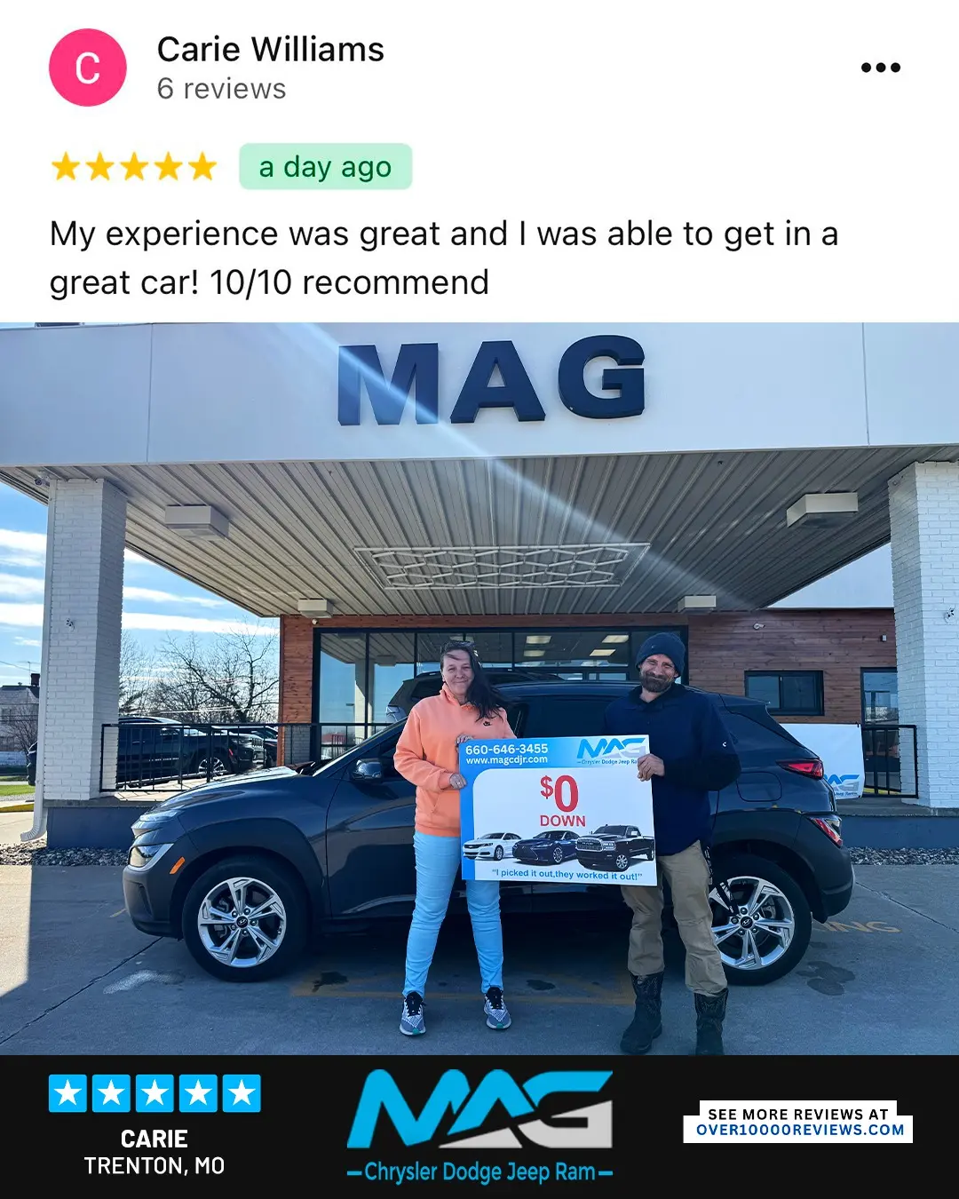 Smiling MAG CDJR customer featured in a testimonial about excellent car buying experience