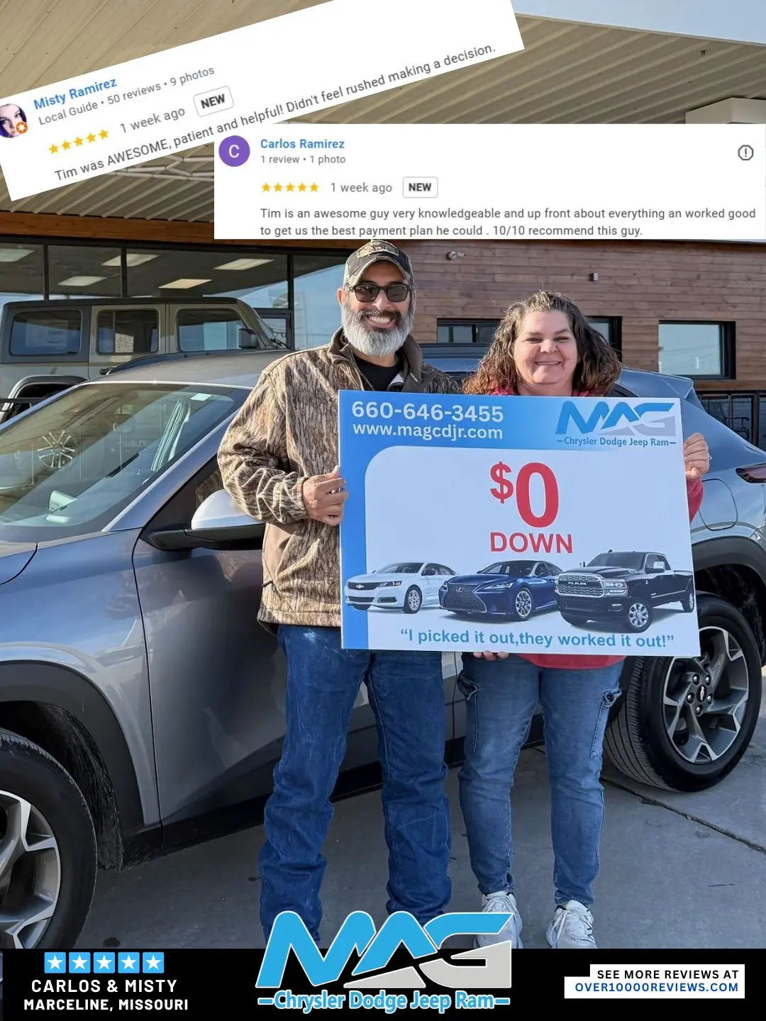 Smiling MAG CDJR customer featured in a testimonial about excellent car buying experience