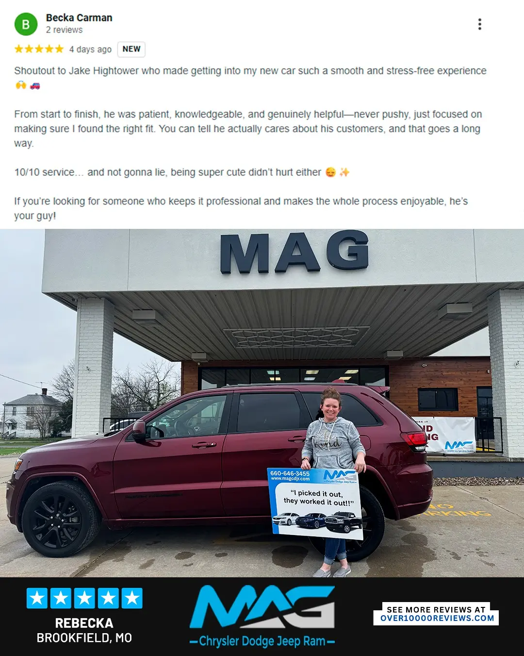 Smiling MAG CDJR customer featured in a testimonial about excellent car buying experience
