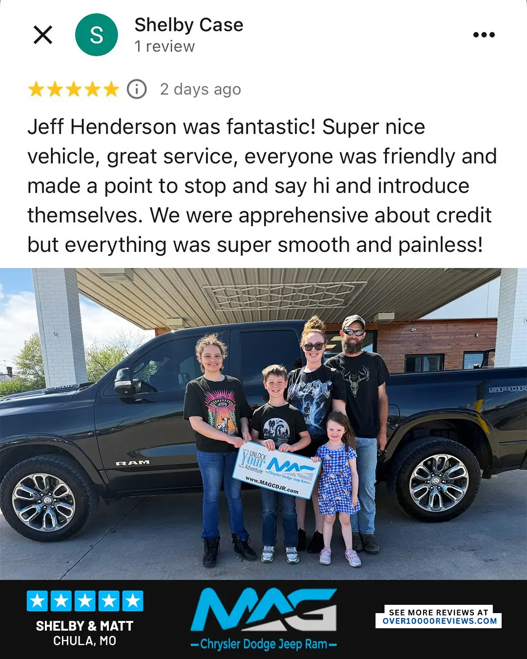 Smiling MAG CDJR customer featured in a testimonial about excellent car buying experience
