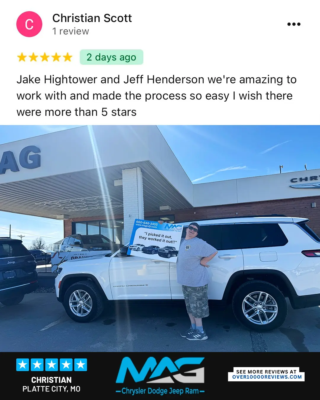 Smiling MAG CDJR customer featured in a testimonial about excellent car buying experience