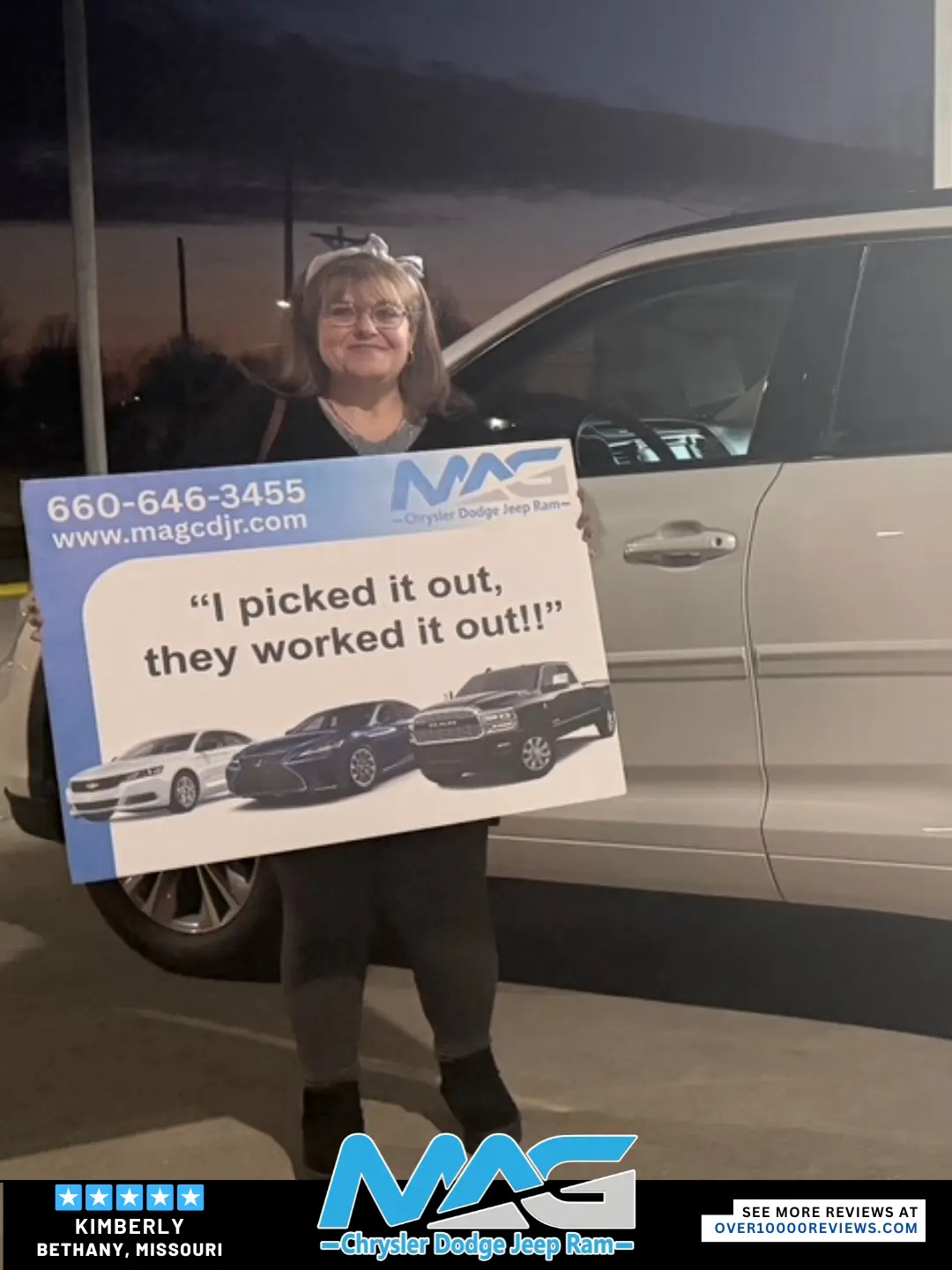 Smiling MAG CDJR customer featured in a testimonial about excellent car buying experience