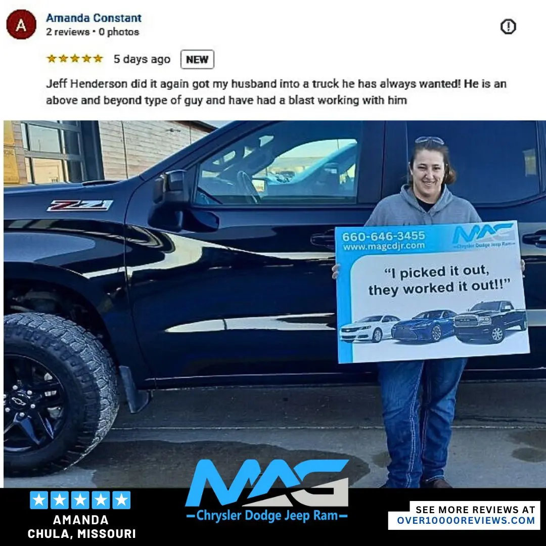 Smiling MAG CDJR customer featured in a testimonial about excellent car buying experience