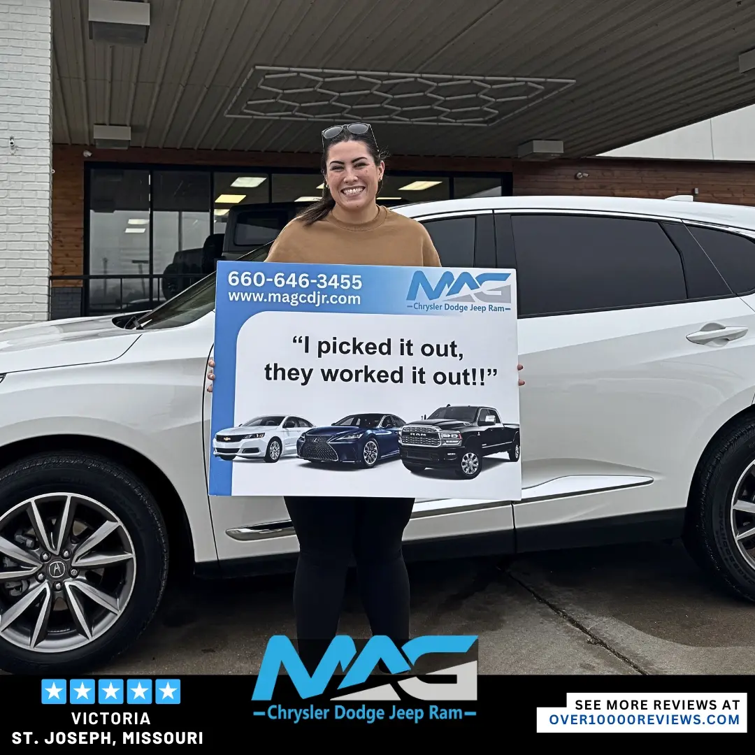 Smiling MAG CDJR customer featured in a testimonial about excellent car buying experience