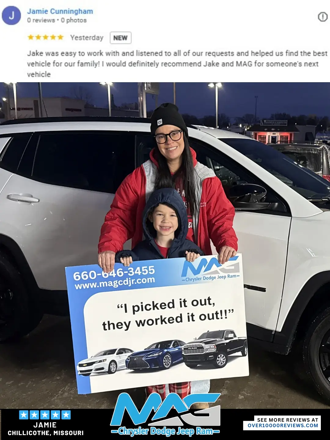 Smiling MAG CDJR customer featured in a testimonial about excellent car buying experience