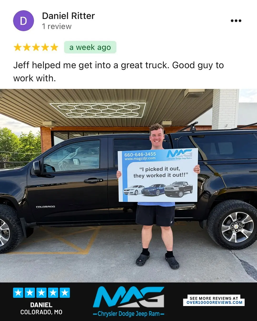 Smiling MAG CDJR customer featured in a testimonial about excellent car buying experience
