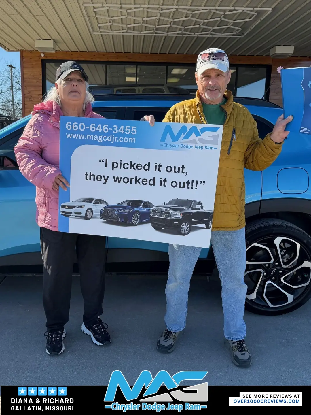 Smiling MAG CDJR customer featured in a testimonial about excellent car buying experience