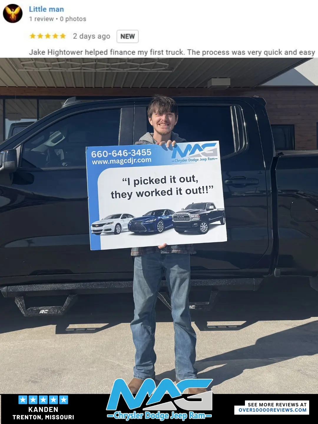 Smiling MAG CDJR customer featured in a testimonial about excellent car buying experience