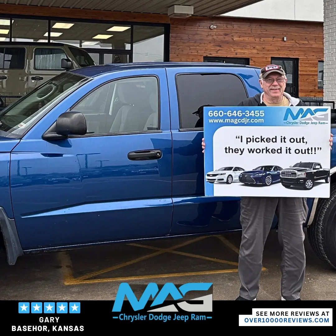 Smiling MAG CDJR customer featured in a testimonial about excellent car buying experience