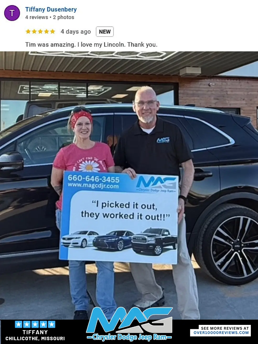 Smiling MAG CDJR customer featured in a testimonial about excellent car buying experience