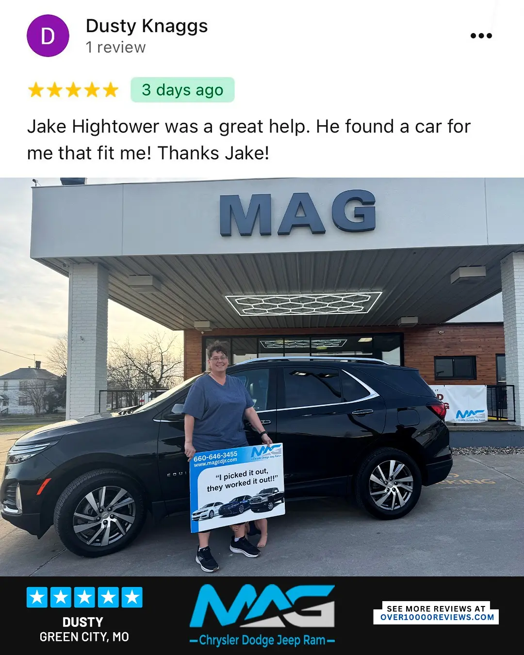 Smiling MAG CDJR customer featured in a testimonial about excellent car buying experience
