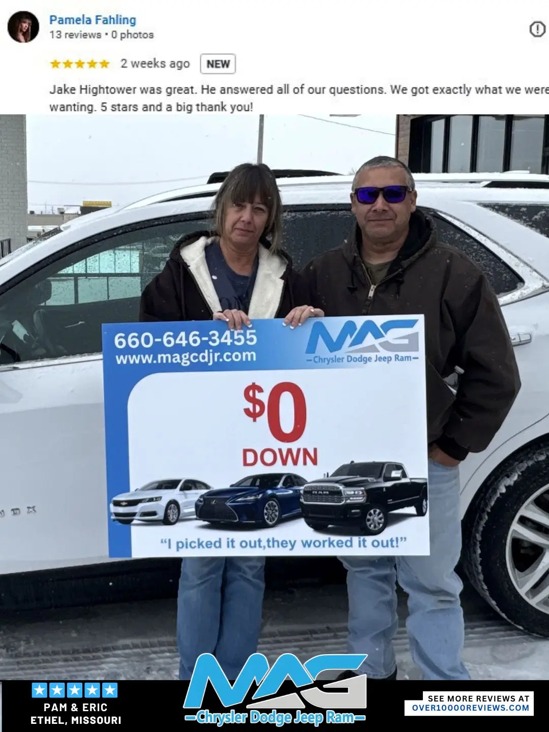 Smiling MAG CDJR customer featured in a testimonial about excellent car buying experience