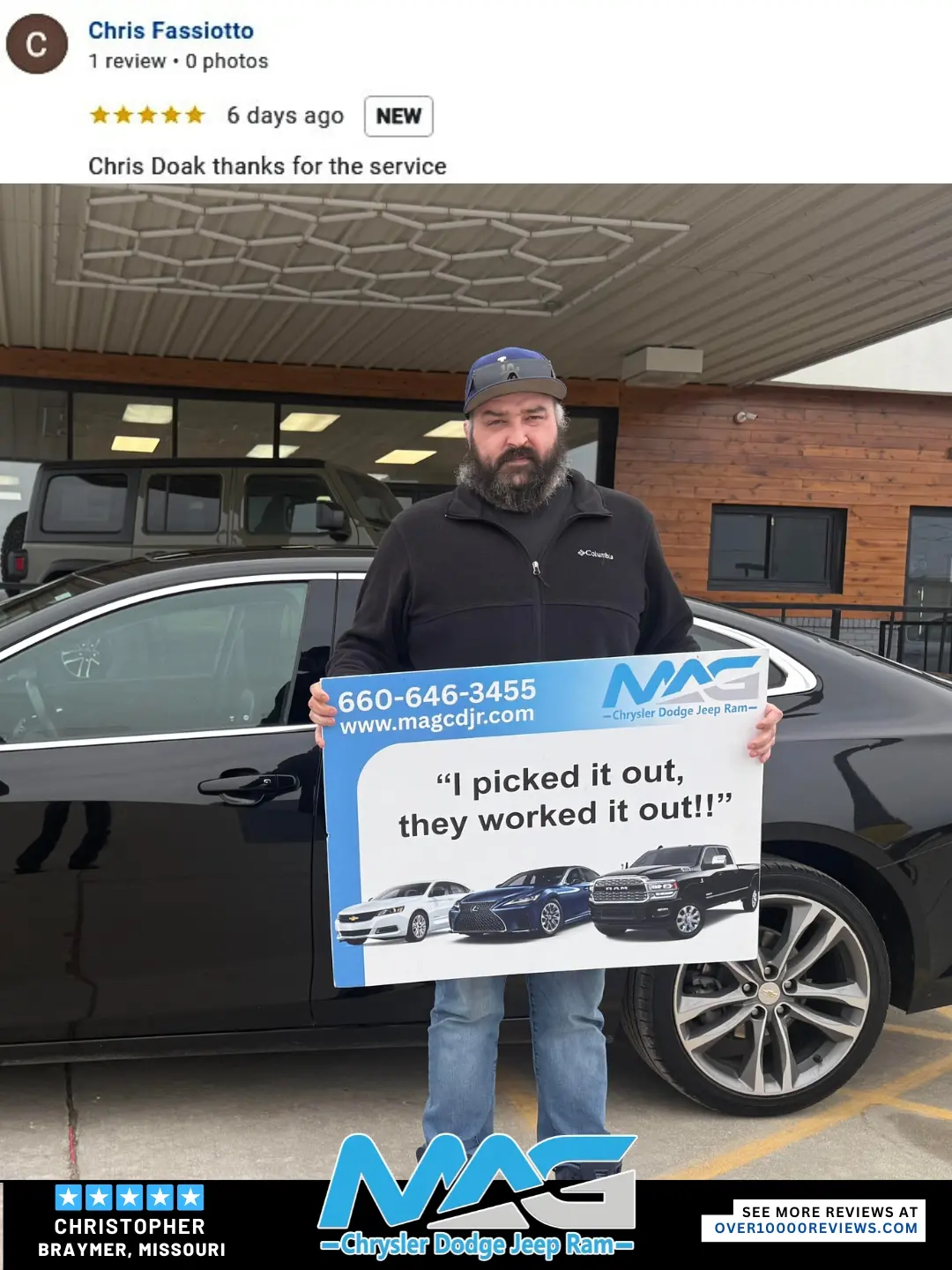 Smiling MAG CDJR customer featured in a testimonial about excellent car buying experience