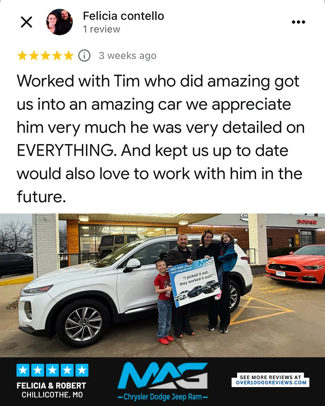 Smiling MAG CDJR customer featured in a testimonial about excellent car buying experience