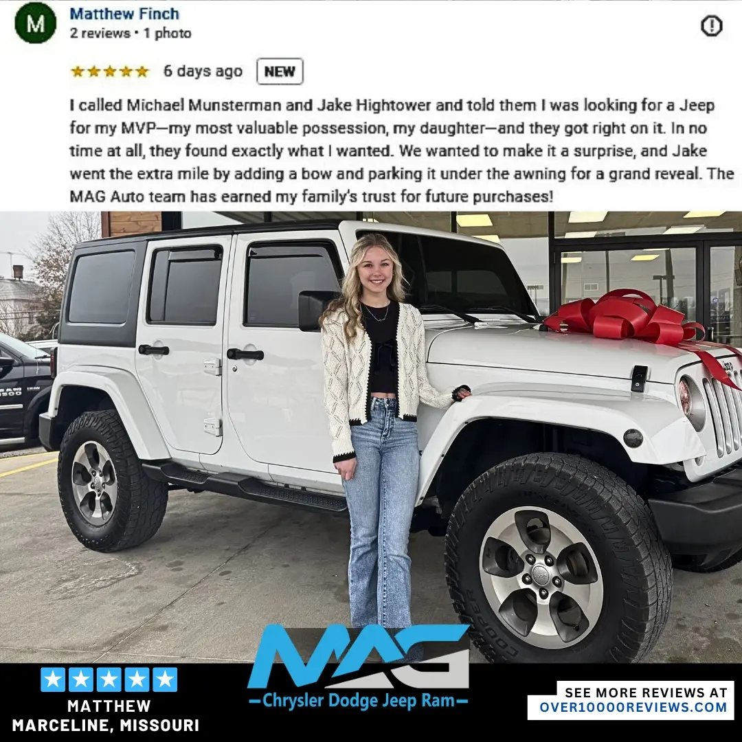 Smiling MAG CDJR customer featured in a testimonial about excellent car buying experience