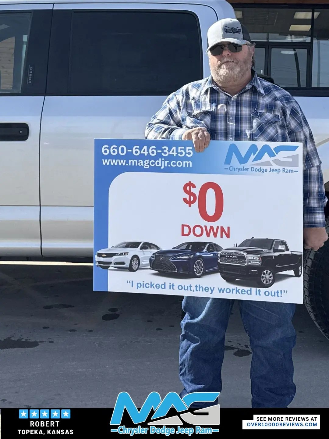 Smiling MAG CDJR customer featured in a testimonial about excellent car buying experience