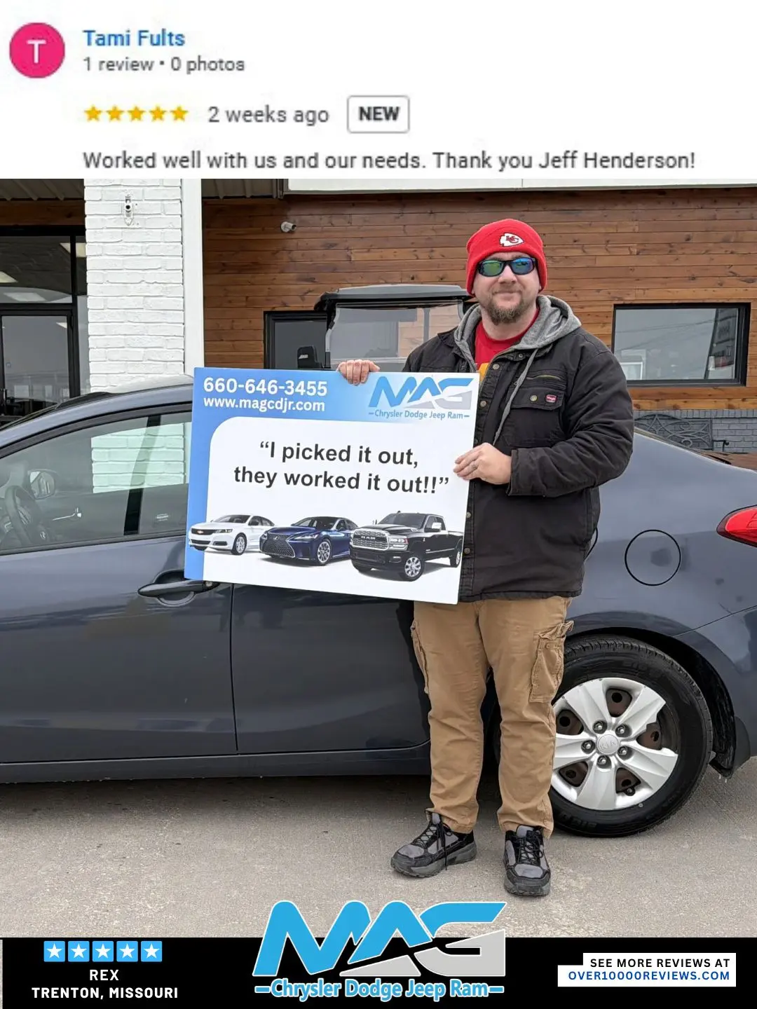 Smiling MAG CDJR customer featured in a testimonial about excellent car buying experience