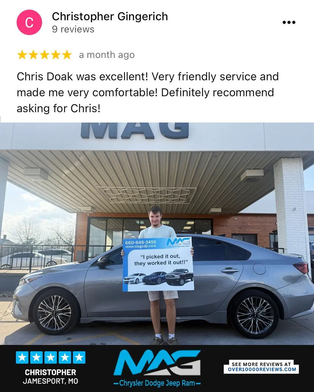 Smiling MAG CDJR customer featured in a testimonial about excellent car buying experience
