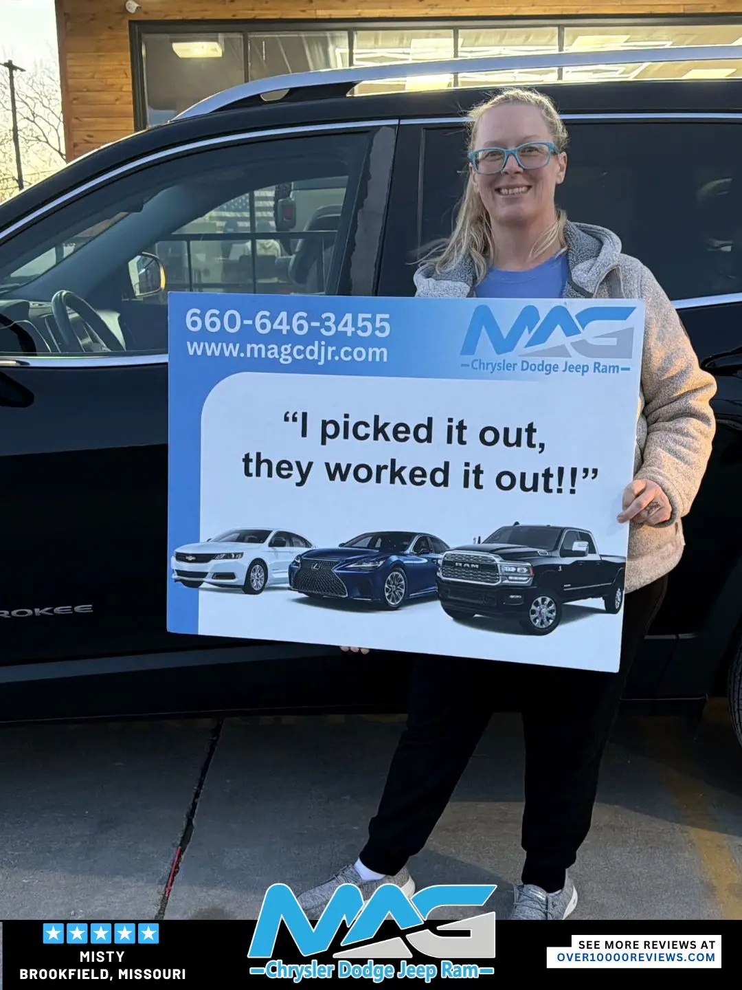 Smiling MAG CDJR customer featured in a testimonial about excellent car buying experience