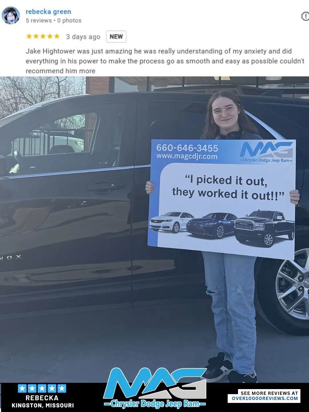 Smiling MAG CDJR customer featured in a testimonial about excellent car buying experience