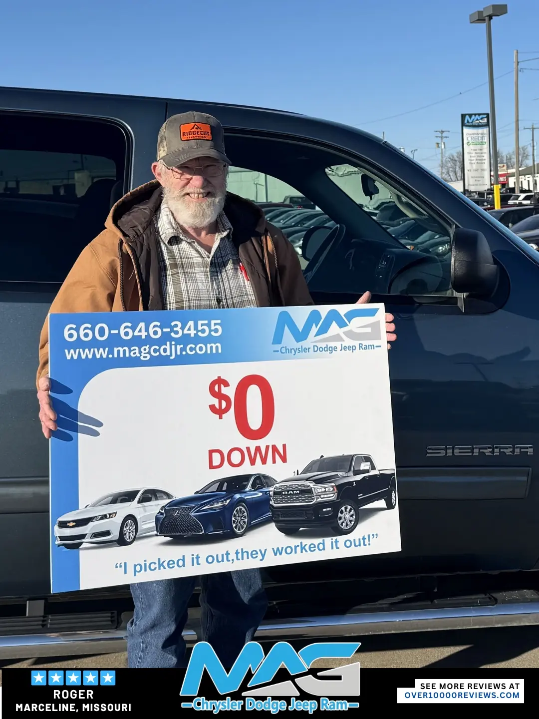 Smiling MAG CDJR customer featured in a testimonial about excellent car buying experience