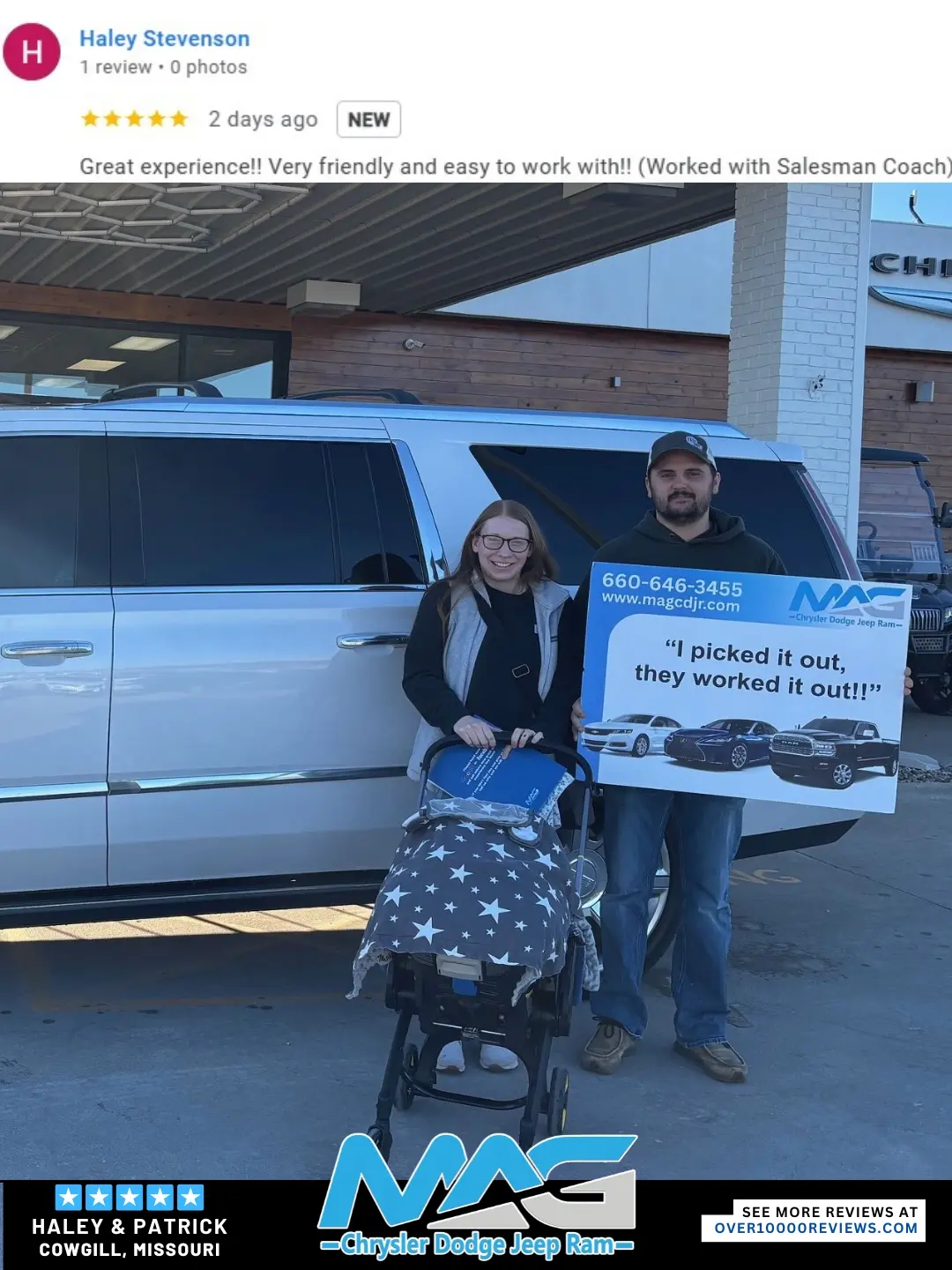 Smiling MAG CDJR customer featured in a testimonial about excellent car buying experience