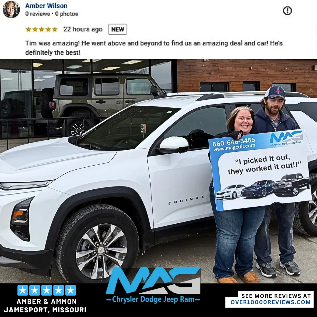 Smiling MAG CDJR customer featured in a testimonial about excellent car buying experience