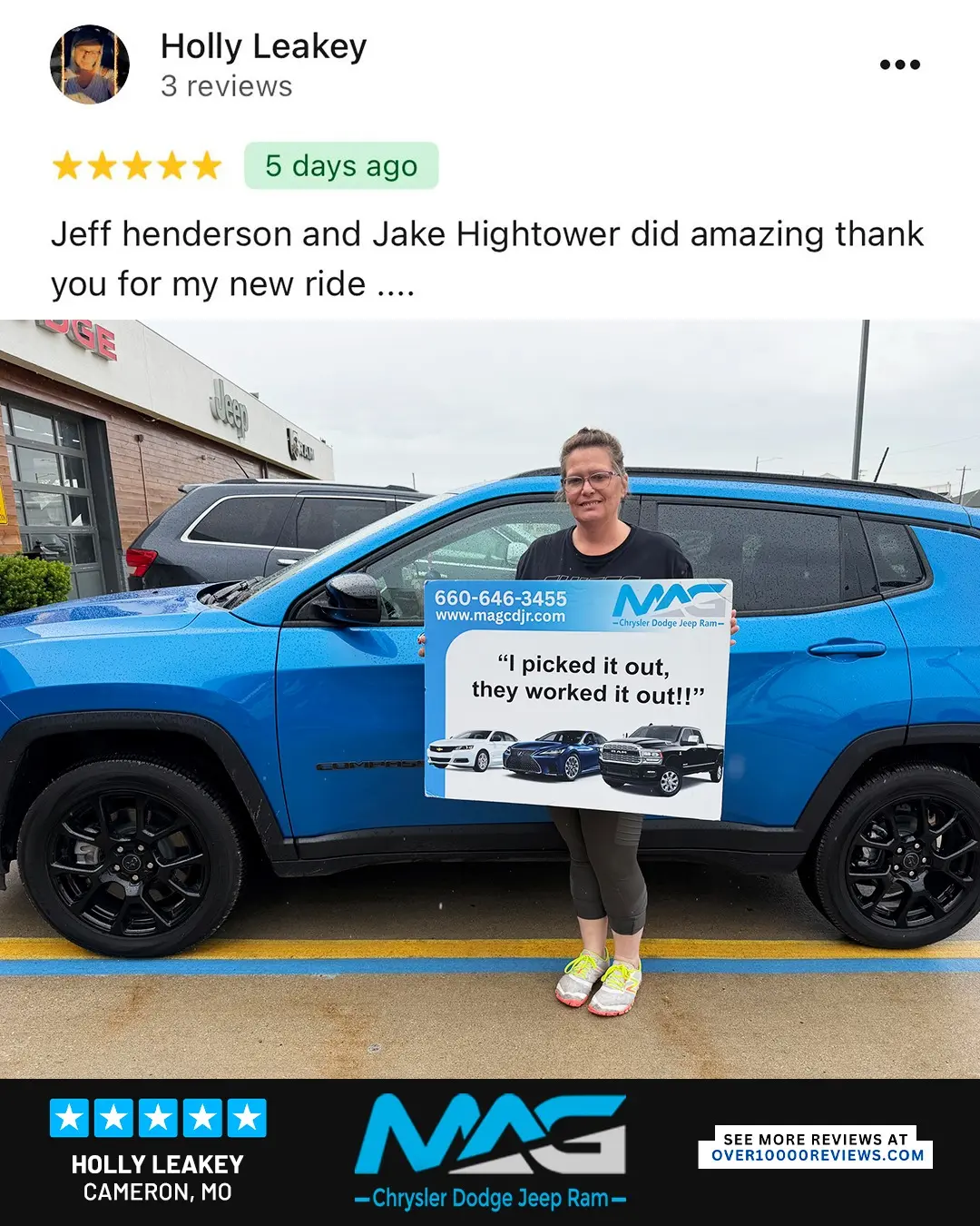 Smiling MAG CDJR customer featured in a testimonial about excellent car buying experience